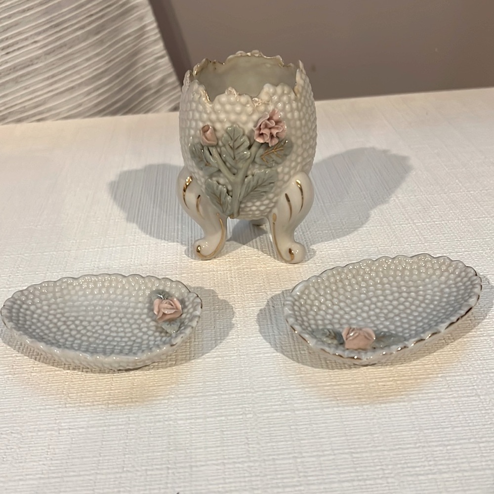 Vintage Japan White Hobnail Trinket Pin Dish 3 Piece Set Pink Flowers Egg Shaped